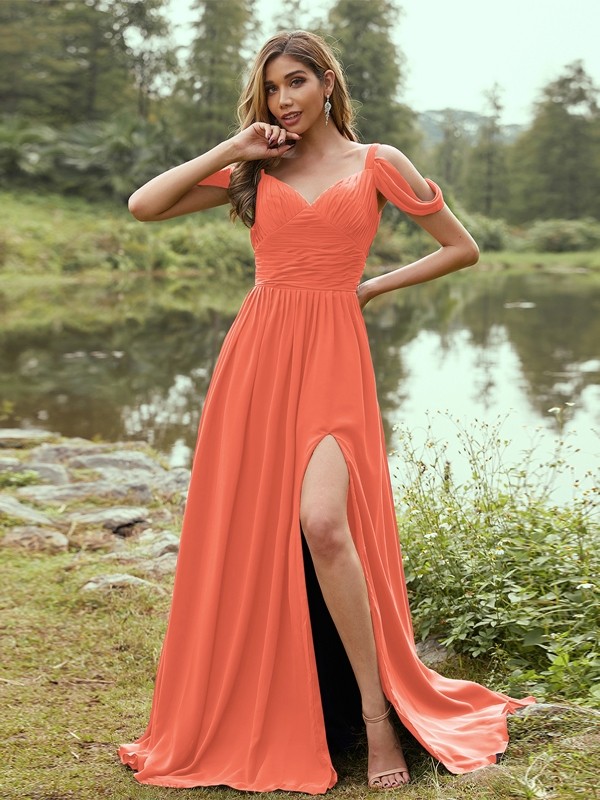 A-Line/Princess Chiffon Ruched V-neck Sleeveless Sweep/Brush Train Bridesmaid Dresses 2189