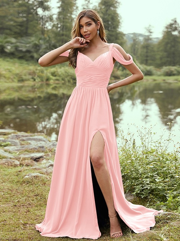 A-Line/Princess Chiffon Ruched V-neck Sleeveless Sweep/Brush Train Bridesmaid Dresses 2189