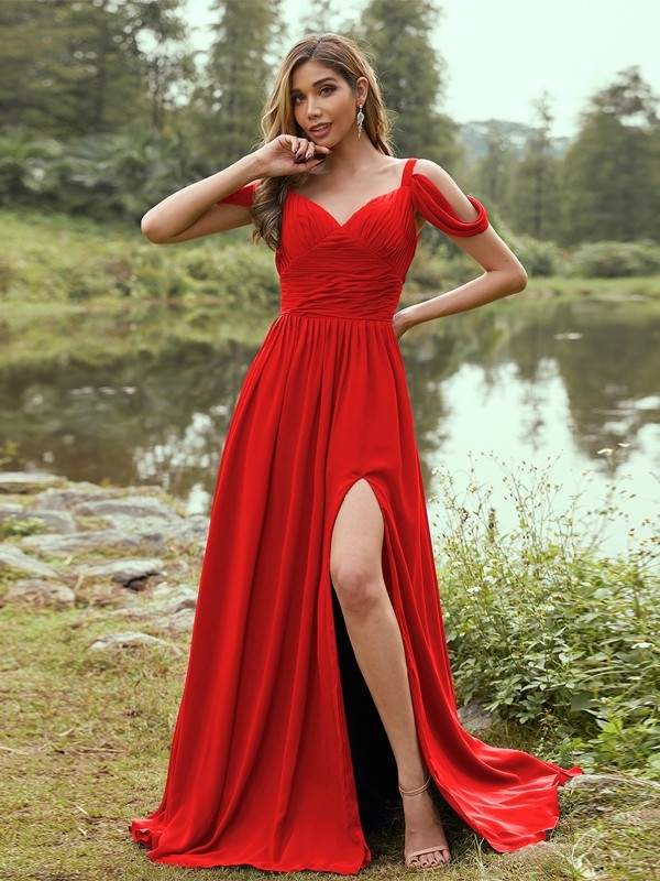 A-Line/Princess Chiffon Ruched V-neck Sleeveless Sweep/Brush Train Bridesmaid Dresses 2189