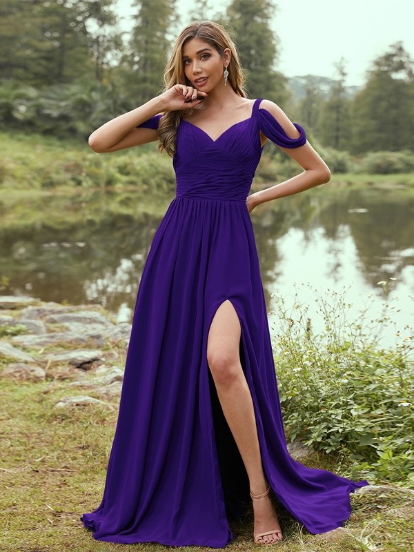 A-Line/Princess Chiffon Ruched V-neck Sleeveless Sweep/Brush Train Bridesmaid Dresses 2189