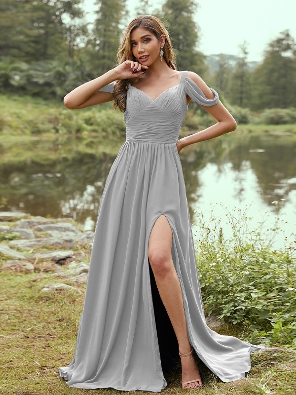 A-Line/Princess Chiffon Ruched V-neck Sleeveless Sweep/Brush Train Bridesmaid Dresses 2189