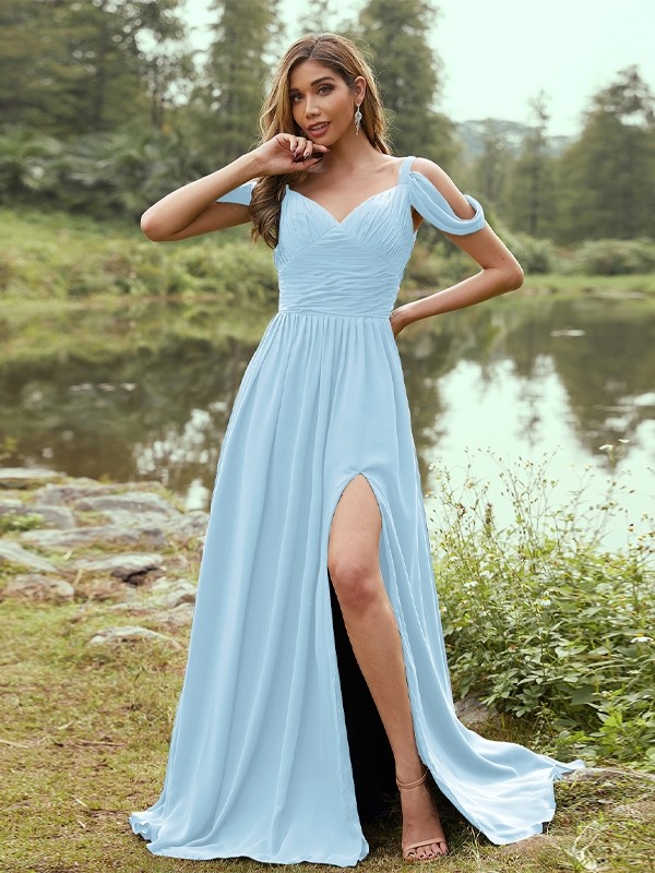 A-Line/Princess Chiffon Ruched V-neck Sleeveless Sweep/Brush Train Bridesmaid Dresses 2189