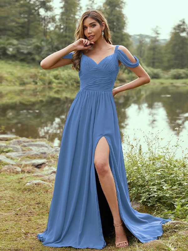 A-Line/Princess Chiffon Ruched V-neck Sleeveless Sweep/Brush Train Bridesmaid Dresses 2189