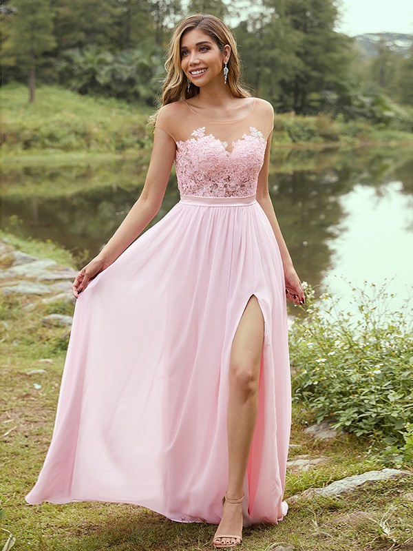 A-Line/Princess Chiffon Applique Scoop Short Sleeves Floor-Length Bridesmaid Dresses 2129