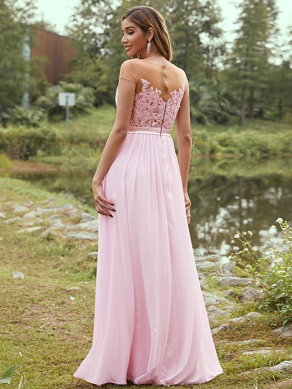 A-Line/Princess Chiffon Applique Scoop Short Sleeves Floor-Length Bridesmaid Dresses 2129