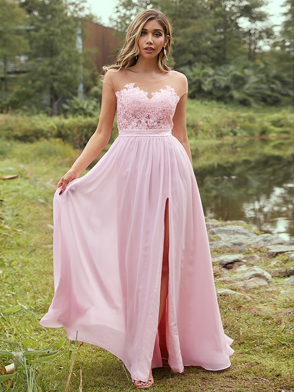 A-Line/Princess Chiffon Applique Scoop Short Sleeves Floor-Length Bridesmaid Dresses 2129