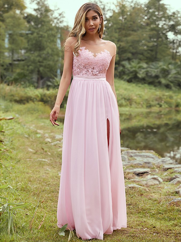 A-Line/Princess Chiffon Applique Scoop Short Sleeves Floor-Length Bridesmaid Dresses 2129