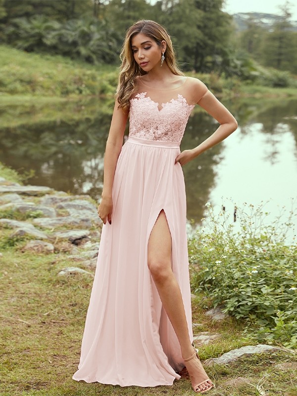 A-Line/Princess Chiffon Applique Scoop Short Sleeves Floor-Length Bridesmaid Dresses 2129