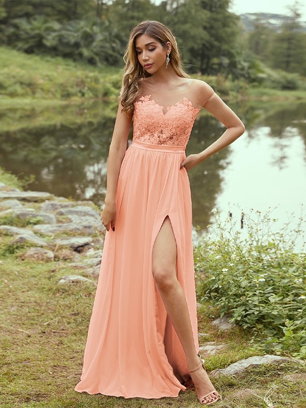 A-Line/Princess Chiffon Applique Scoop Short Sleeves Floor-Length Bridesmaid Dresses 2129