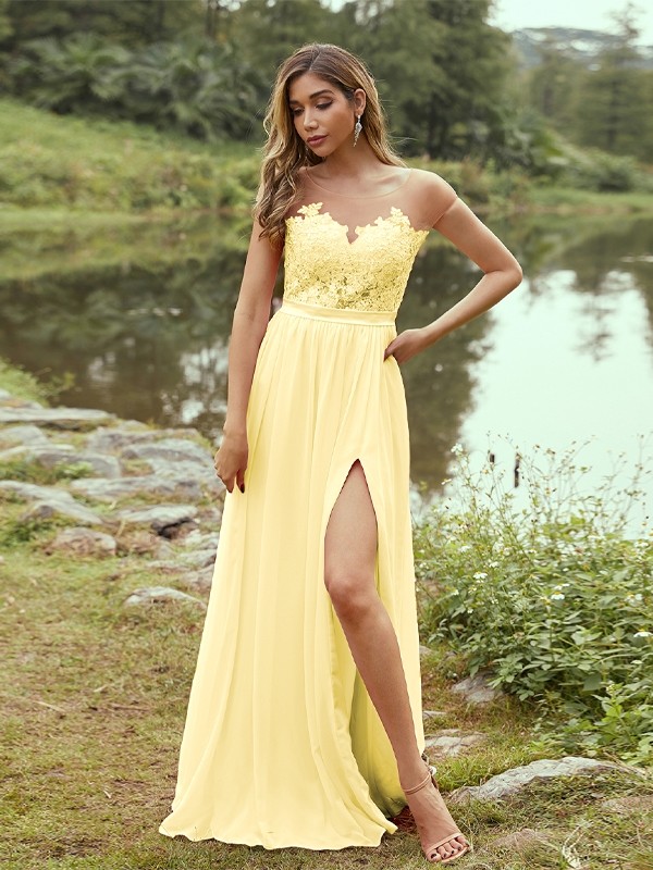 A-Line/Princess Chiffon Applique Scoop Short Sleeves Floor-Length Bridesmaid Dresses 2129