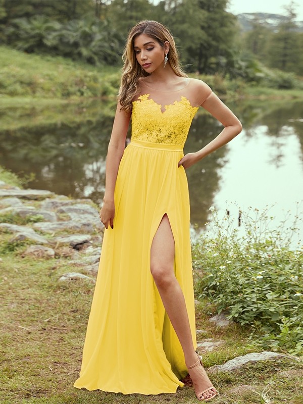 A-Line/Princess Chiffon Applique Scoop Short Sleeves Floor-Length Bridesmaid Dresses 2129