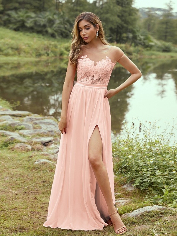 A-Line/Princess Chiffon Applique Scoop Short Sleeves Floor-Length Bridesmaid Dresses 2129