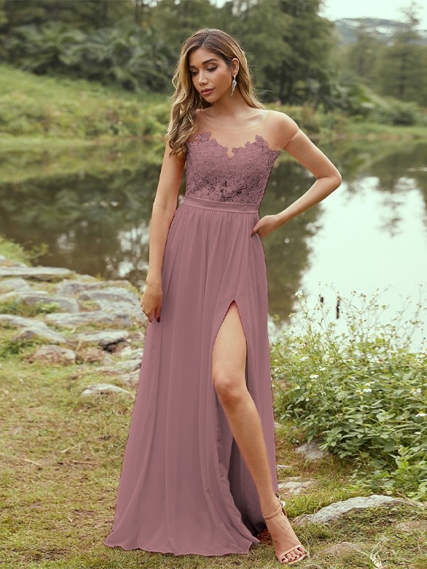 A-Line/Princess Chiffon Applique Scoop Short Sleeves Floor-Length Bridesmaid Dresses 2129