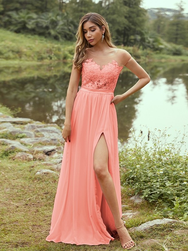 A-Line/Princess Chiffon Applique Scoop Short Sleeves Floor-Length Bridesmaid Dresses 2129