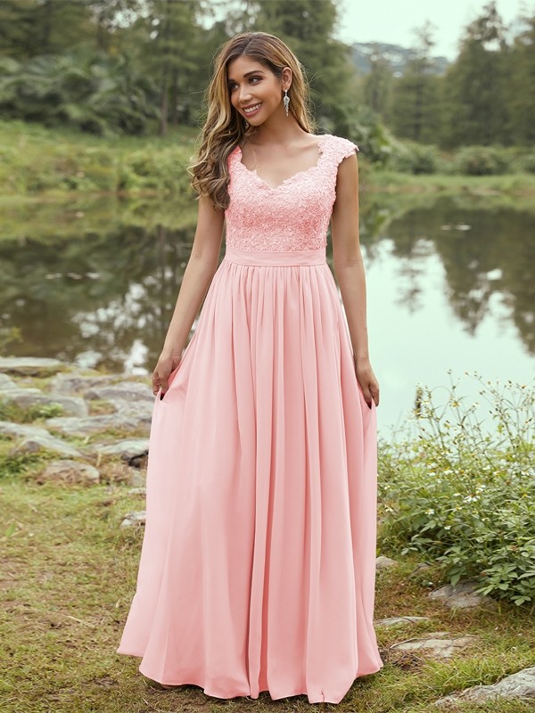 A-Line/Princess Chiffon Applique Sweetheart Sleeveless Floor-Length Bridesmaid Dresses 2133