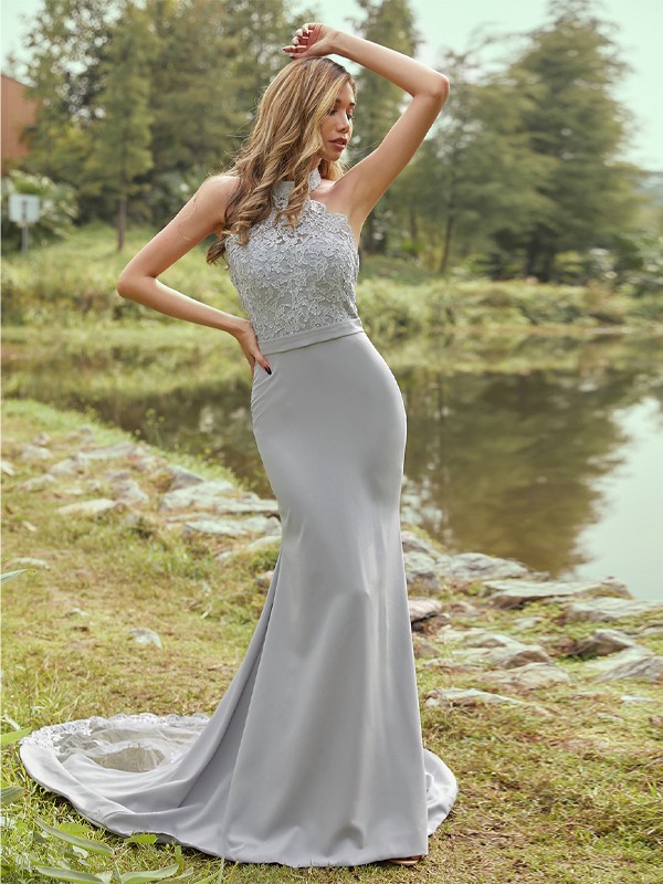 Sheath/Column Stretch Crepe Lace Halter Sleeveless Sweep/Brush Train Bridesmaid Dresses 3150