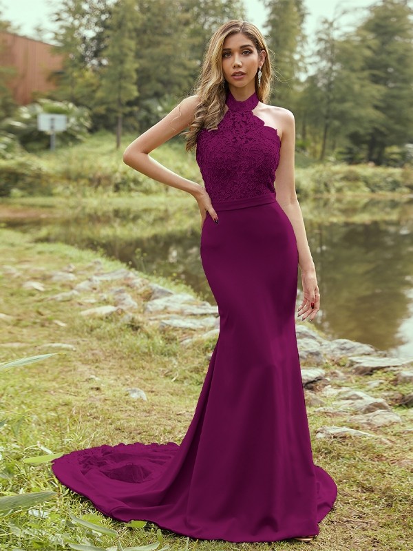 Sheath/Column Stretch Crepe Lace Halter Sleeveless Sweep/Brush Train Bridesmaid Dresses 3150