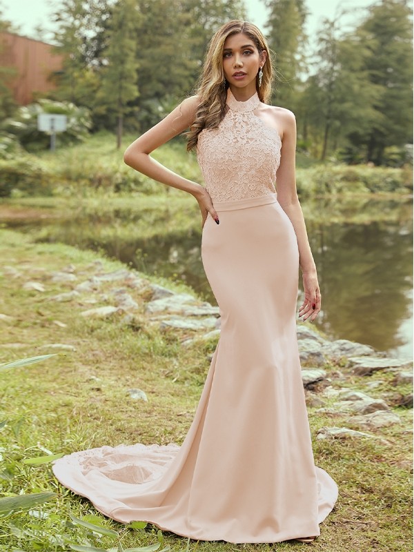 Sheath/Column Stretch Crepe Lace Halter Sleeveless Sweep/Brush Train Bridesmaid Dresses 3150