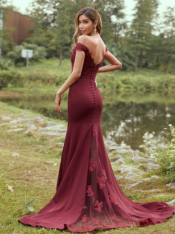 Sheath/Column Stretch Crepe Applique Off-the-Shoulder Sleeveless Sweep/Brush Train Bridesmaid Dresses 3145