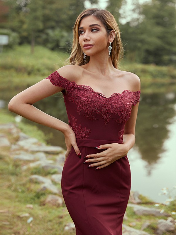 Sheath/Column Stretch Crepe Applique Off-the-Shoulder Sleeveless Sweep/Brush Train Bridesmaid Dresses 3145