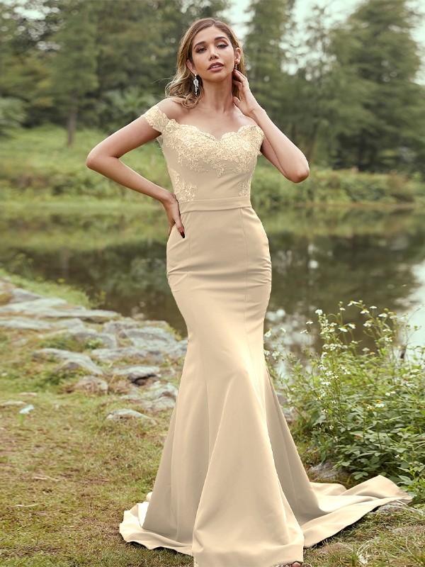 Sheath/Column Stretch Crepe Applique Off-the-Shoulder Sleeveless Sweep/Brush Train Bridesmaid Dresses 3145