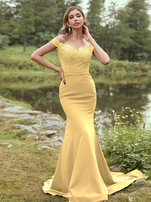 Sheath/Column Stretch Crepe Applique Off-the-Shoulder Sleeveless Sweep/Brush Train Bridesmaid Dresses 3145