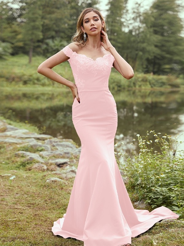 Sheath/Column Stretch Crepe Applique Off-the-Shoulder Sleeveless Sweep/Brush Train Bridesmaid Dresses 3145