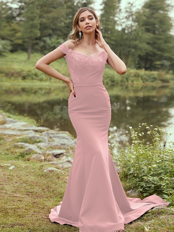 Sheath/Column Stretch Crepe Applique Off-the-Shoulder Sleeveless Sweep/Brush Train Bridesmaid Dresses 3145