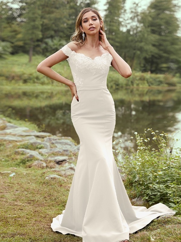 Sheath/Column Stretch Crepe Applique Off-the-Shoulder Sleeveless Sweep/Brush Train Bridesmaid Dresses 3145