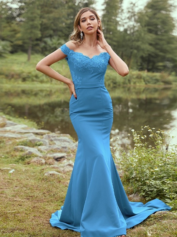 Sheath/Column Stretch Crepe Applique Off-the-Shoulder Sleeveless Sweep/Brush Train Bridesmaid Dresses 3145