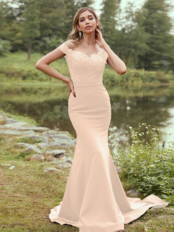 Sheath/Column Stretch Crepe Applique Off-the-Shoulder Sleeveless Sweep/Brush Train Bridesmaid Dresses 3145