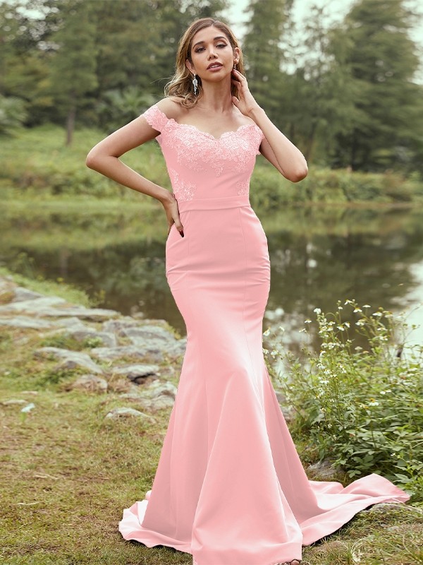 Sheath/Column Stretch Crepe Applique Off-the-Shoulder Sleeveless Sweep/Brush Train Bridesmaid Dresses 3145