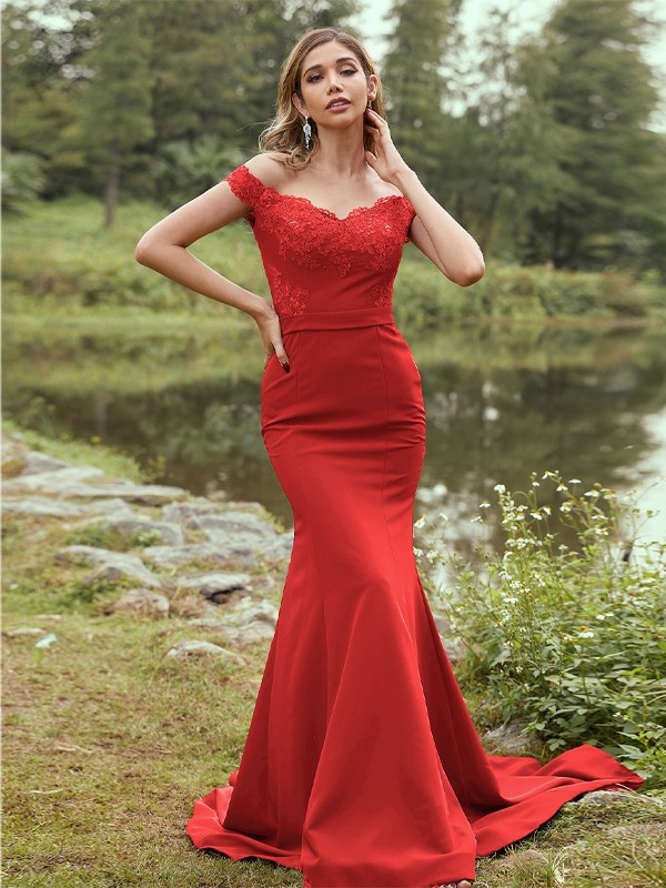 Sheath/Column Stretch Crepe Applique Off-the-Shoulder Sleeveless Sweep/Brush Train Bridesmaid Dresses 3145