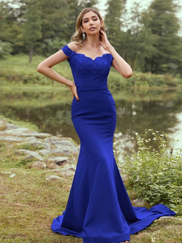 Sheath/Column Stretch Crepe Applique Off-the-Shoulder Sleeveless Sweep/Brush Train Bridesmaid Dresses 3145