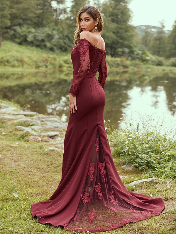 Sheath/Column Stretch Crepe Applique Off-the-Shoulder Long Sleeves Sweep/Brush Train Bridesmaid Dresses 3144