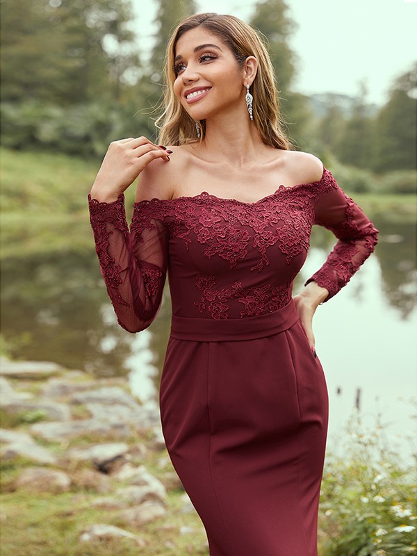 Sheath/Column Stretch Crepe Applique Off-the-Shoulder Long Sleeves Sweep/Brush Train Bridesmaid Dresses 3144