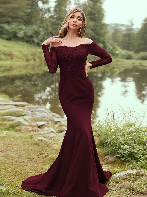 Sheath/Column Stretch Crepe Applique Off-the-Shoulder Long Sleeves Sweep/Brush Train Bridesmaid Dresses 3144