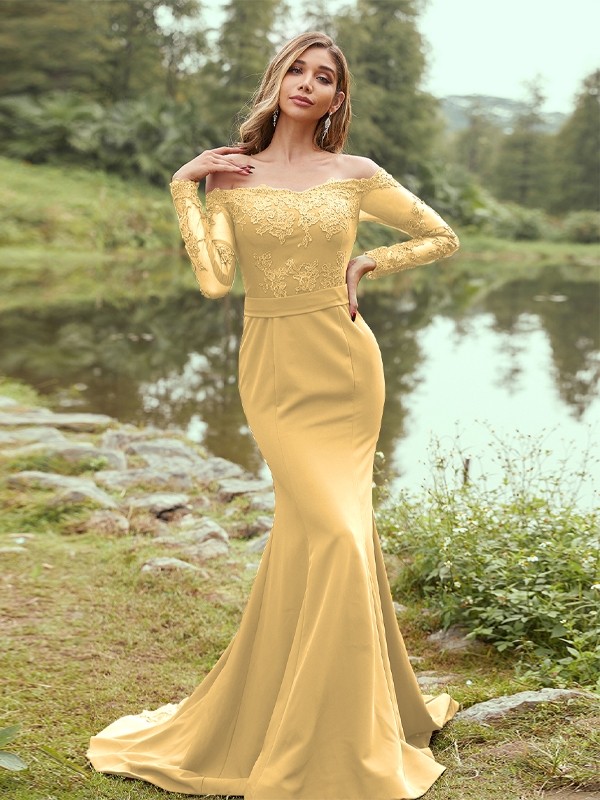 Sheath/Column Stretch Crepe Applique Off-the-Shoulder Long Sleeves Sweep/Brush Train Bridesmaid Dresses 3144