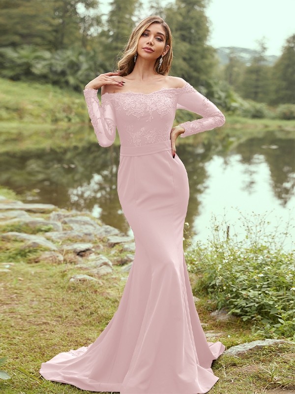 Sheath/Column Stretch Crepe Applique Off-the-Shoulder Long Sleeves Sweep/Brush Train Bridesmaid Dresses 3144