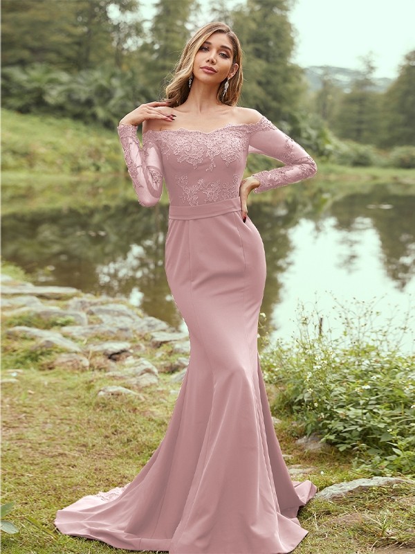 Sheath/Column Stretch Crepe Applique Off-the-Shoulder Long Sleeves Sweep/Brush Train Bridesmaid Dresses 3144