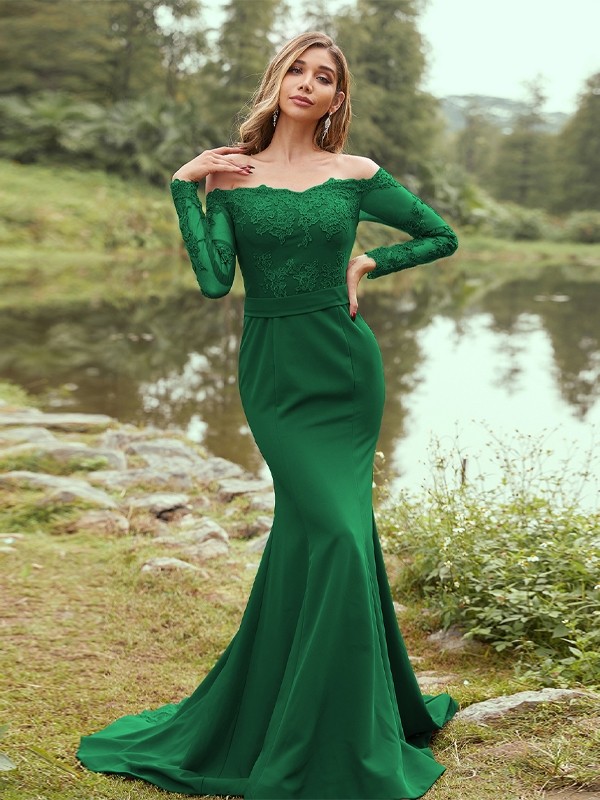 Sheath/Column Stretch Crepe Applique Off-the-Shoulder Long Sleeves Sweep/Brush Train Bridesmaid Dresses 3144