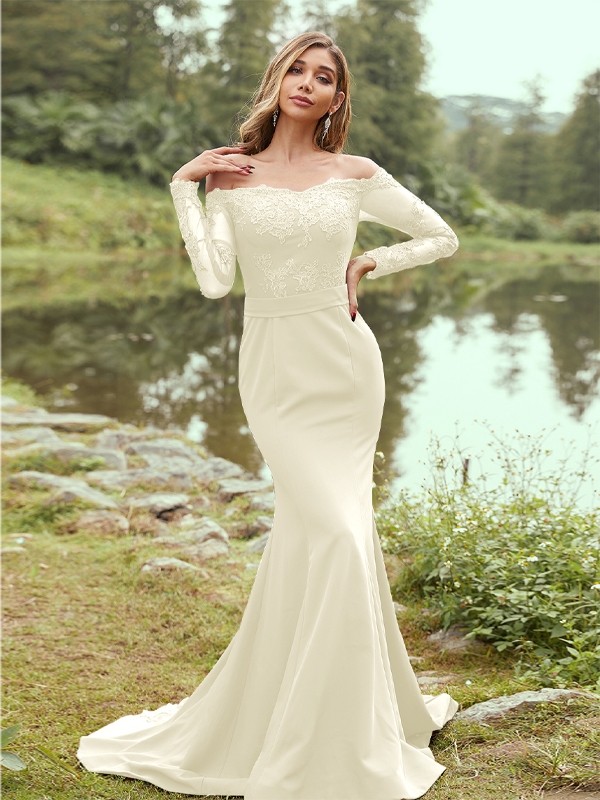 Sheath/Column Stretch Crepe Applique Off-the-Shoulder Long Sleeves Sweep/Brush Train Bridesmaid Dresses 3144