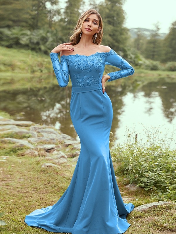 Sheath/Column Stretch Crepe Applique Off-the-Shoulder Long Sleeves Sweep/Brush Train Bridesmaid Dresses 3144