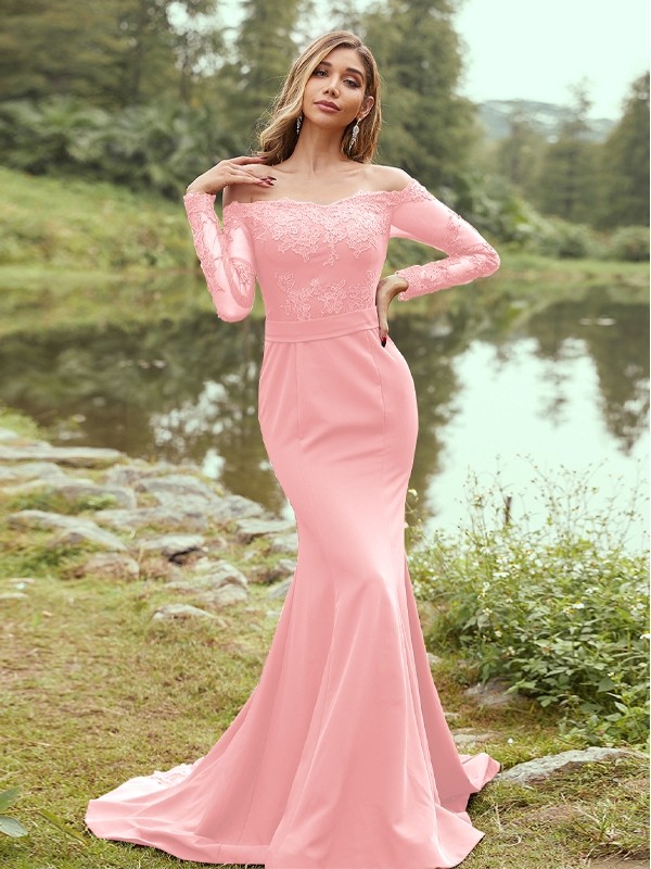 Sheath/Column Stretch Crepe Applique Off-the-Shoulder Long Sleeves Sweep/Brush Train Bridesmaid Dresses 3144