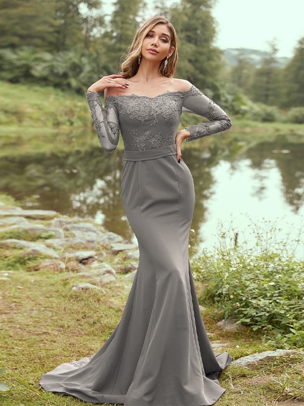 Sheath/Column Stretch Crepe Applique Off-the-Shoulder Long Sleeves Sweep/Brush Train Bridesmaid Dresses 3144