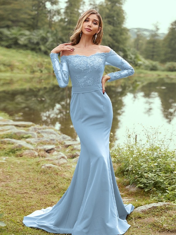 Sheath/Column Stretch Crepe Applique Off-the-Shoulder Long Sleeves Sweep/Brush Train Bridesmaid Dresses 3144