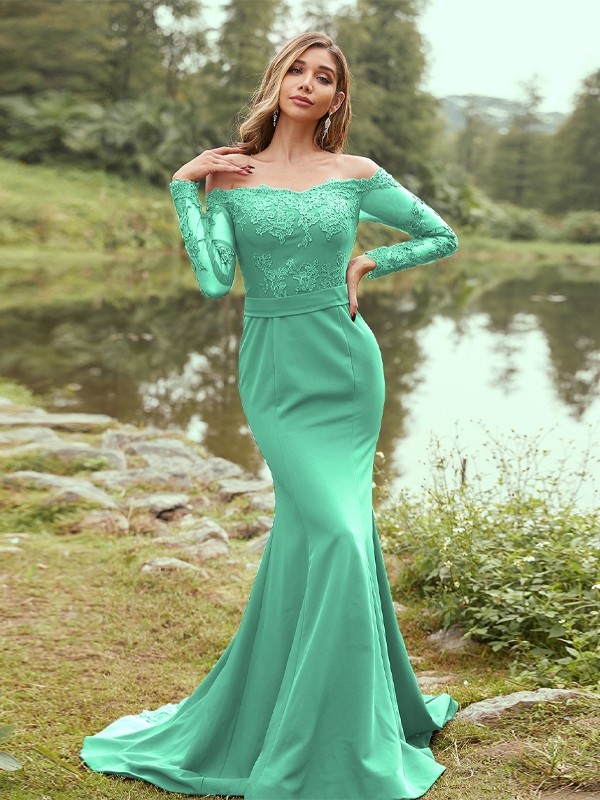 Sheath/Column Stretch Crepe Applique Off-the-Shoulder Long Sleeves Sweep/Brush Train Bridesmaid Dresses 3144