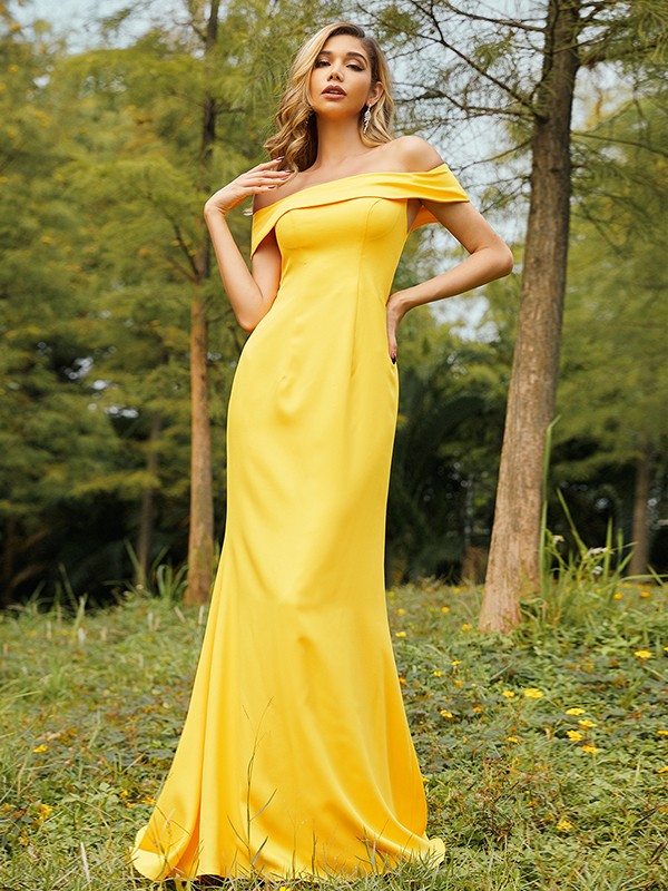 Sheath/Column Jersey Ruched Off-the-Shoulder Sleeveless Sweep/Brush Train Bridesmaid Dresses 2958