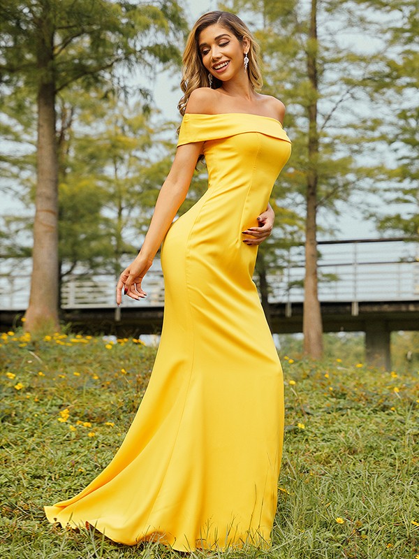 Sheath/Column Jersey Ruched Off-the-Shoulder Sleeveless Sweep/Brush Train Bridesmaid Dresses 2958