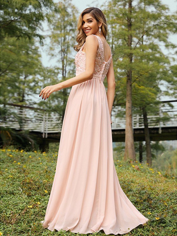 A-Line/Princess Chiffon Lace V-neck Sleeveless Floor-Length Bridesmaid Dresses 2152